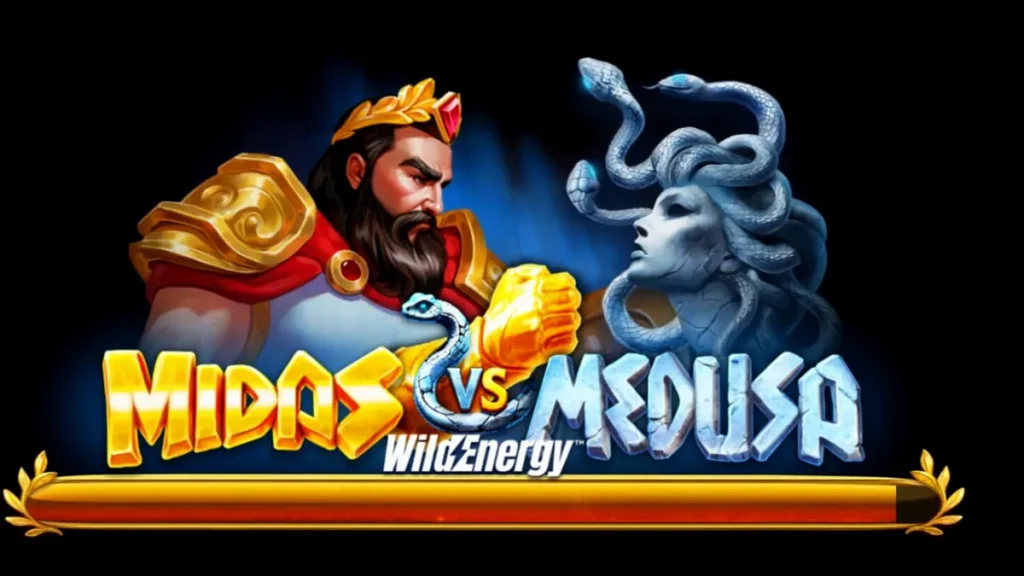 Tampilan layar permainan slot Midas VS Medusa WildEnergy dengan simbol-simbol mitologi dan efek pertarungan.