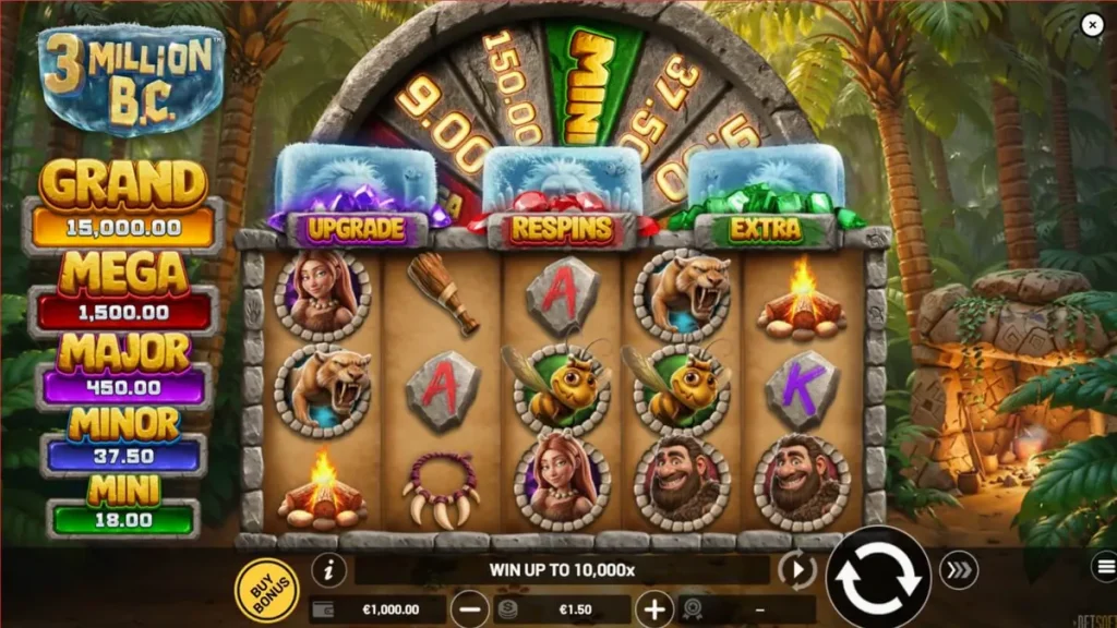 Pemandangan atmosferik gua prasejarah dan roda jackpot dalam slot 3 Million B.C.