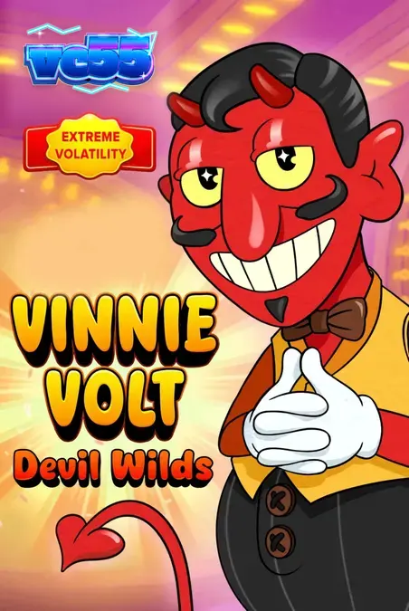 Tampilan antarmuka seluler Vinnie Volt: Devil Wilds dengan karakter Vinnie dan simbol Wild yang bercahaya.